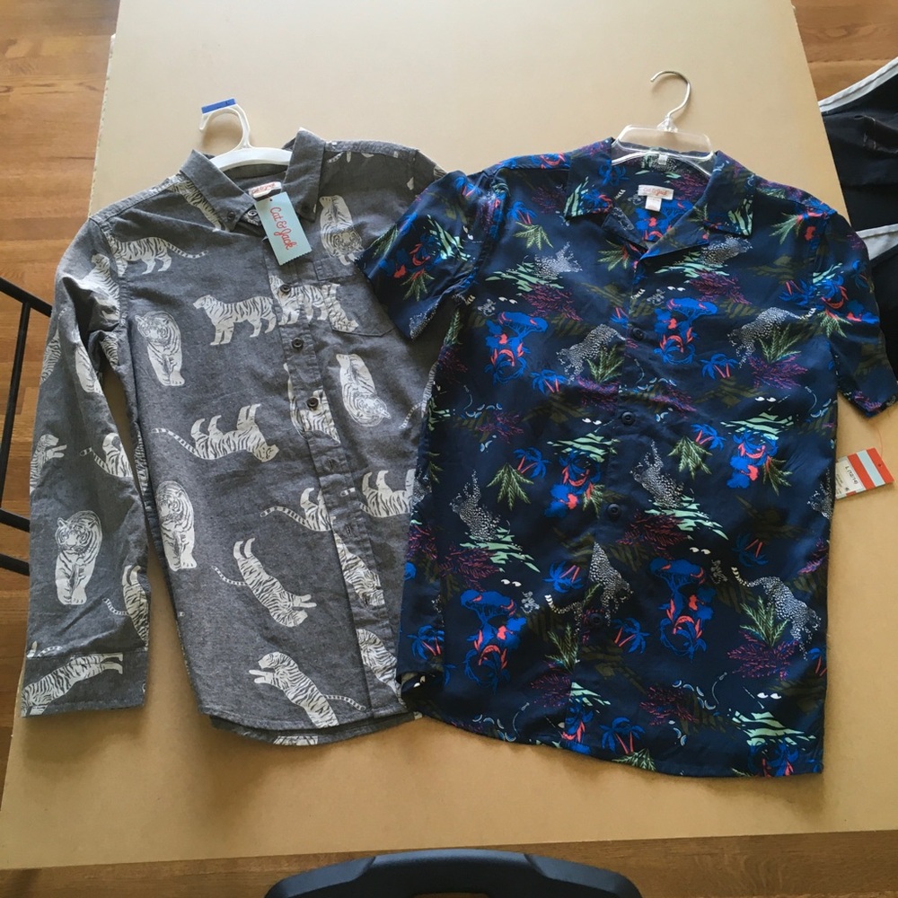 cat & jack large 12/14 button down shirts grey white navy neon tropical print